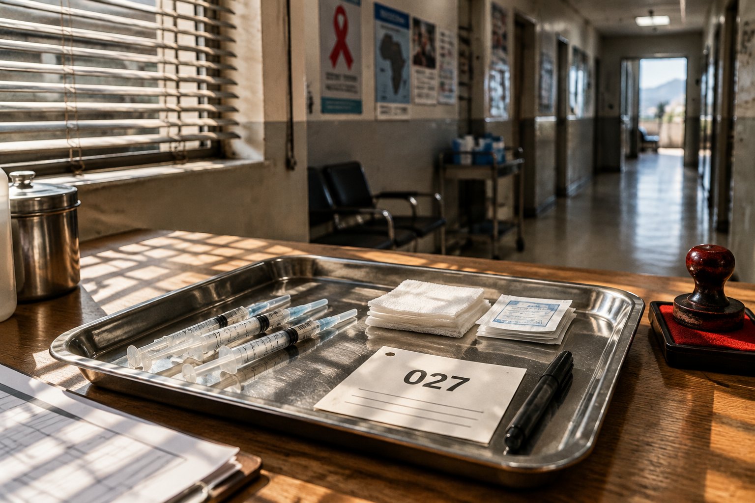 Bandeja de vacinação com seringas, gazas e cartão de participante numerado