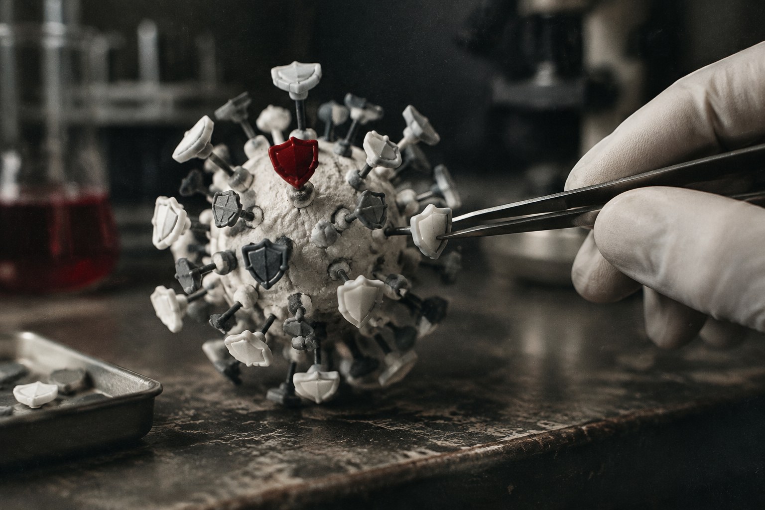 Close-up de uma maquete molecular com espinhos e pequenas placas de escudo, uma mão enluvada girando-a com pinça